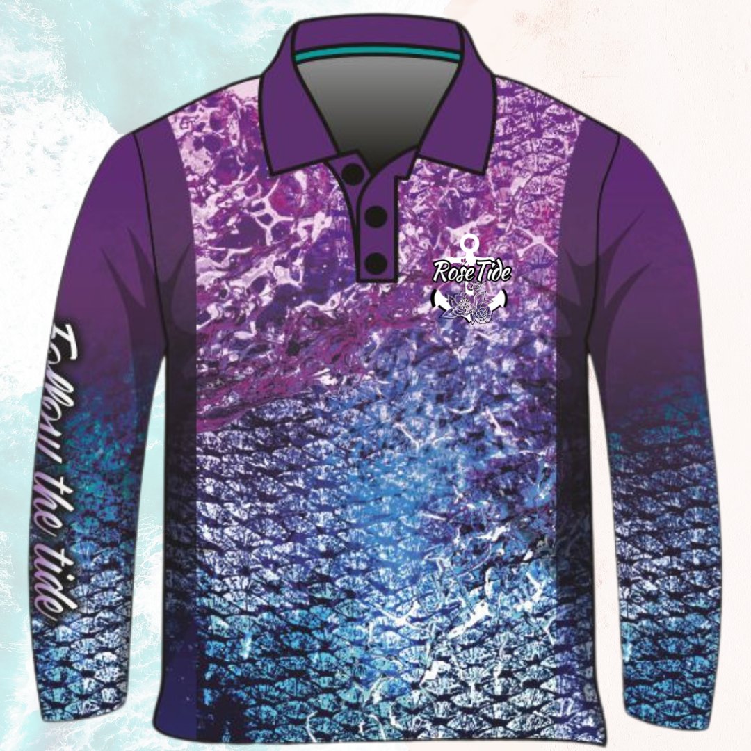 Women’s purple and blue scaled fishing shirt. Size kids and adults