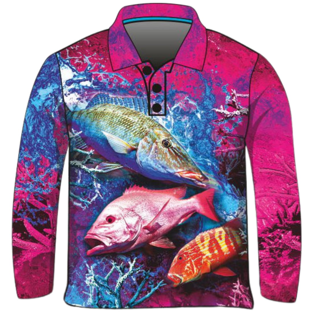 A vibrant pink and blue long-sleeve fishing shirt featuring detailed images of reef fish swimming among coral reefs. The shirt includes a buttoned collar and is labeled as "Reef Trippin Fishing Shirt - Pink."