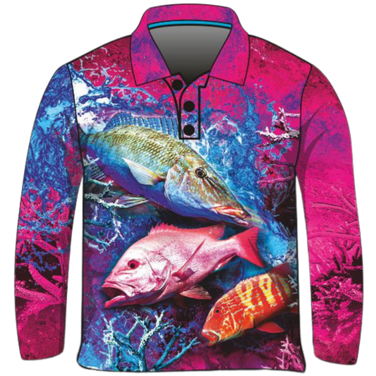 A vibrant pink and blue long-sleeve fishing shirt featuring detailed images of reef fish swimming among coral reefs. The shirt includes a buttoned collar and is labeled as "Reef Trippin Fishing Shirt - Pink."