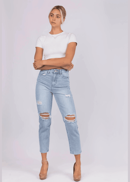 Wakee Light Blue Distressed Mum Jeans