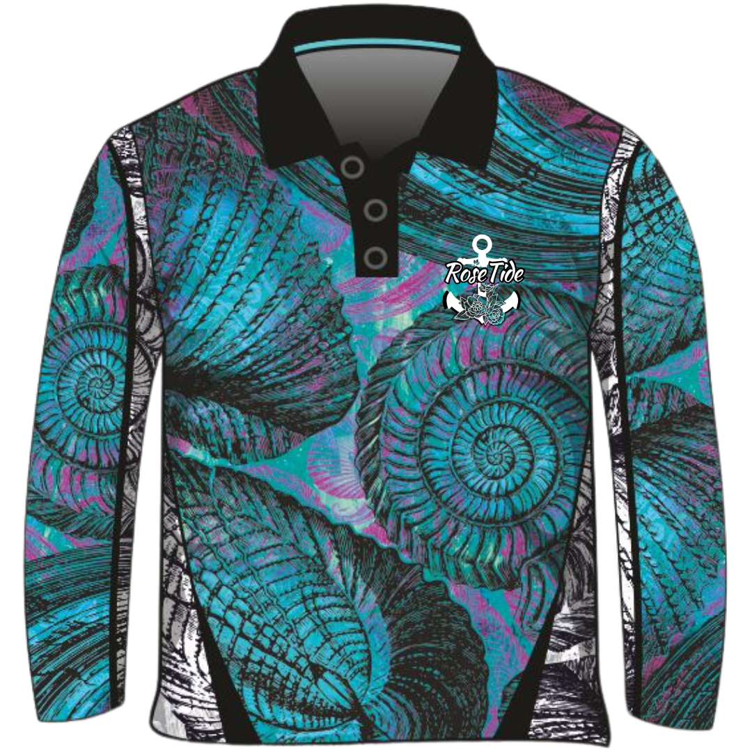 A long sleeve women's fishing shirt featuring a detailed pattern of large, swirling seashells in shades of blue, teal, and purple with black accents. The "Rose Tide" logo with an anchor and floral design is on the chest. The shirt has a black collar and buttons, creating a striking and intricate oceanic design.