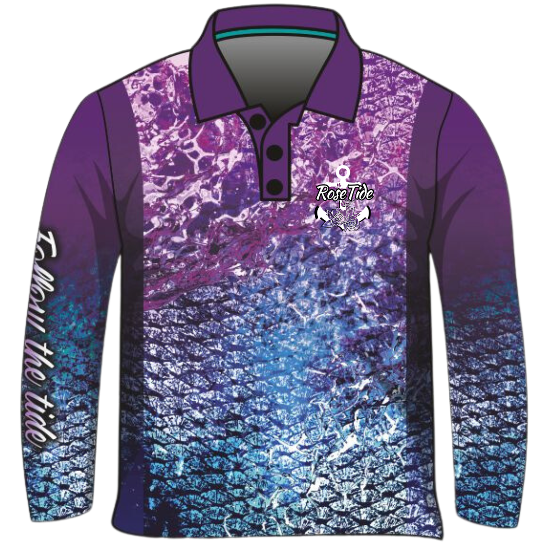 A long sleeve women's fishing shirt with a gradient design featuring shades of purple, blue, and pink, resembling ocean waves and fish scales. The "Rose Tide" logo with an anchor and floral design is on the chest. The left sleeve has the text "Follow the tide" written in white.