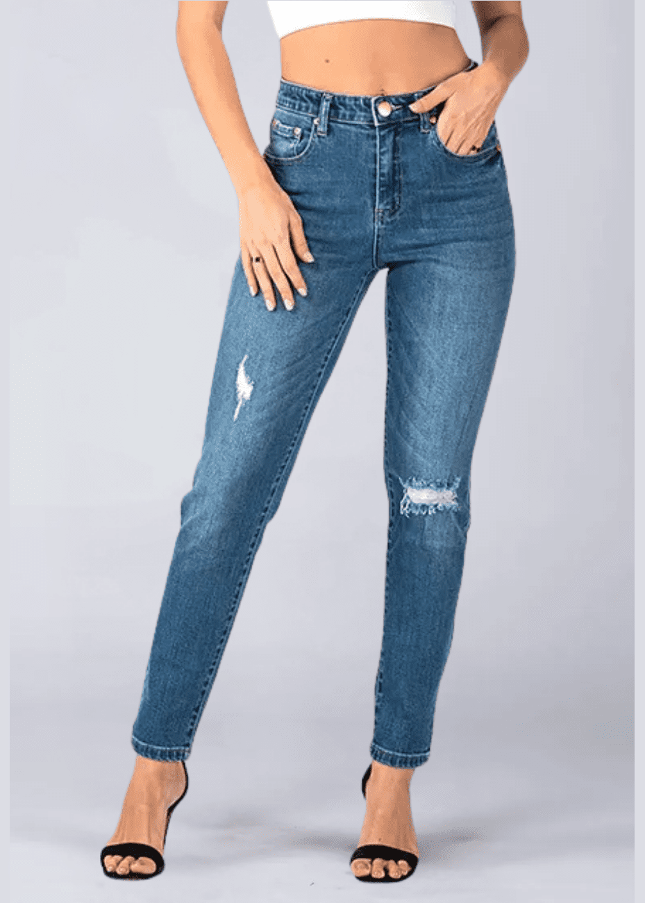 Women wearing Dark blue high-waisted straight-cut jeans with light distressing on the thigh and knee, ideal for a stylish casual outfit.