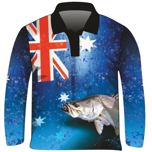 A long sleeve fishing shirt featuring an Australian theme with a large Australian flag on the left shoulder and a detailed image of a barra in the bottom right corner.