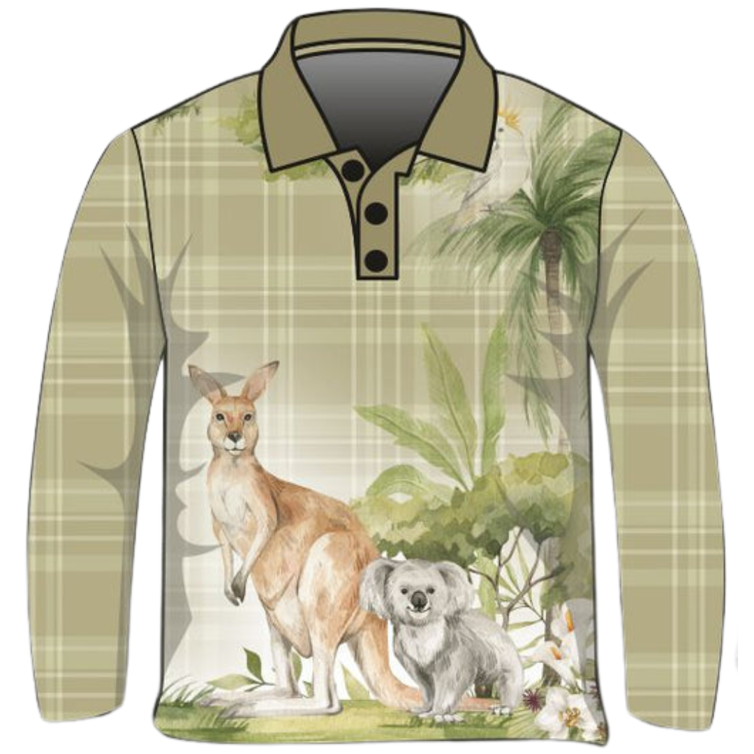 A green plaid long-sleeve Sun Fishing shirt featuring a kangaroo and koala in a natural setting with palm trees and foliage. The shirt has a buttoned collar and is labelled as an "Australian Tartan Fishing Shirt." Australia theme 