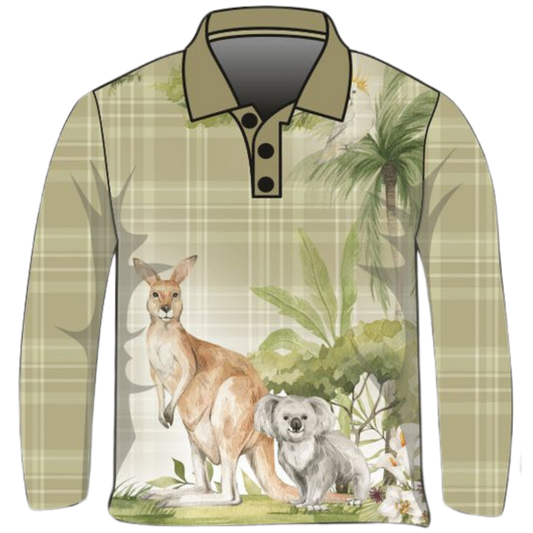 A green plaid long-sleeve Sun Fishing shirt featuring a kangaroo and koala in a natural setting with palm trees and foliage. The shirt has a buttoned collar and is labelled as an "Australian Tartan Fishing Shirt." Australia theme 