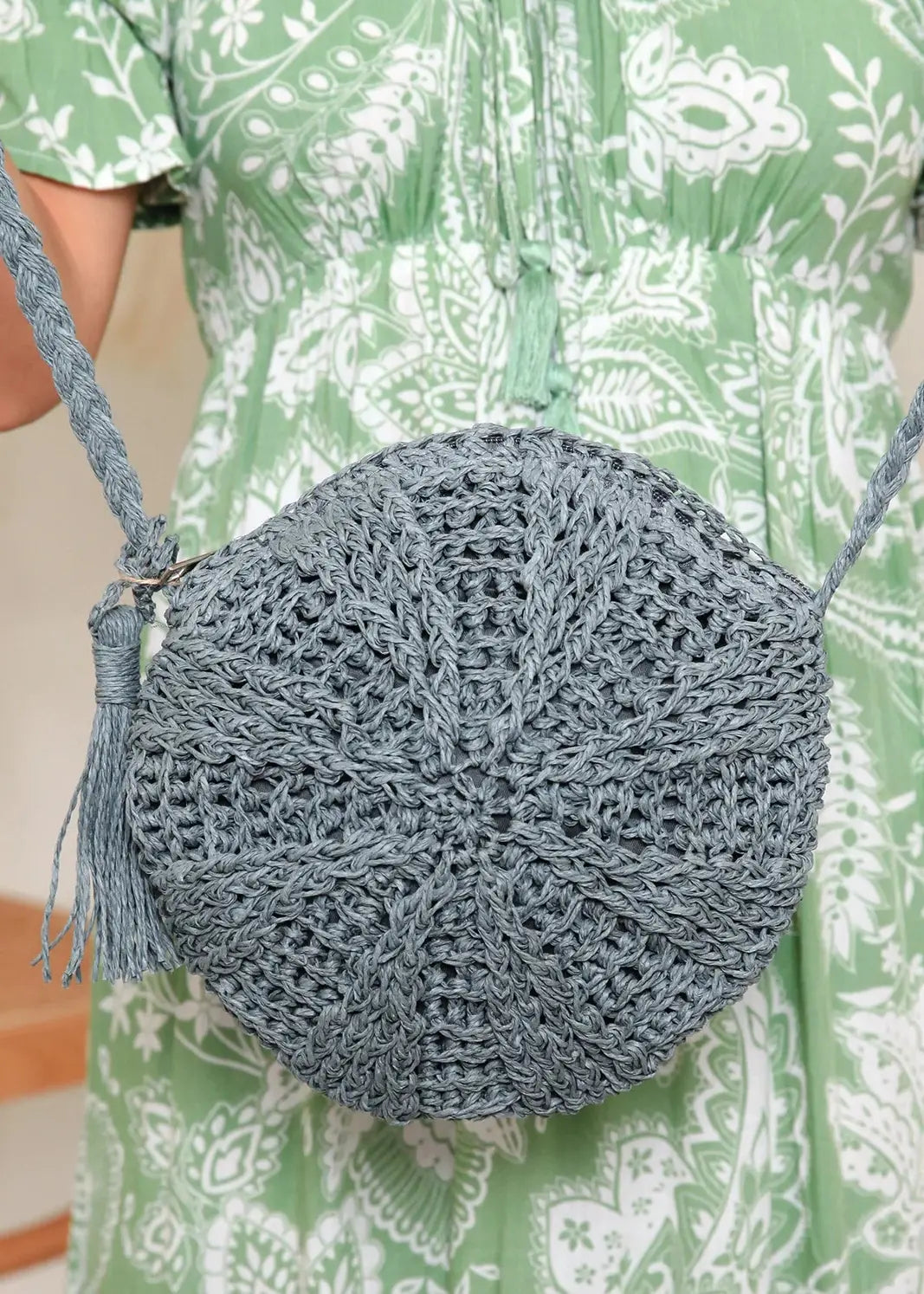 Small Round Woven Handbag - Grey - Elegant Women's Fashion: Dresses, Tops, Knits, Hats, Handbags & More - Rose Tide