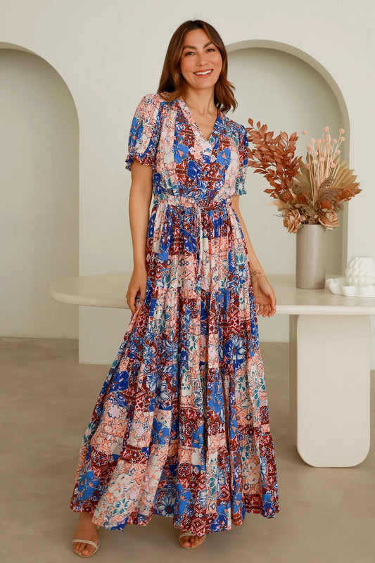 Women's Bohemian Summer Blue Maxi Dress with floral and geometric patterns, V-neckline, and flutter sleeves