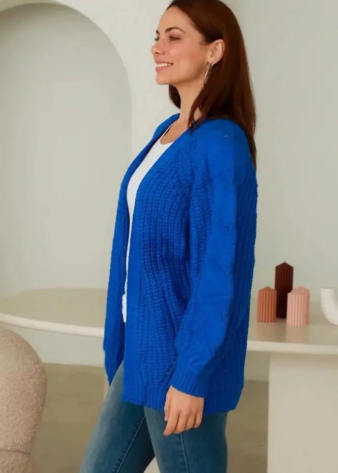 Women's Bright blue cable knit cardigan with ribbed trim and open front design 