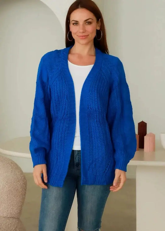 Women's Bright blue cable knit cardigan with ribbed trim and open front design 