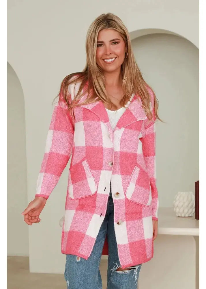 Pink Checkered Coat - Elegant Women's Fashion: Dresses, Tops, Knits, Hats, Handbags & More - Rose Tide