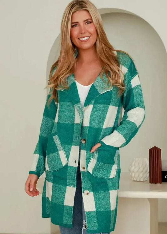 Green Checkered Coat - Elegant Women's Fashion: Dresses, Tops, Knits, Hats, Handbags & More - Rose Tide