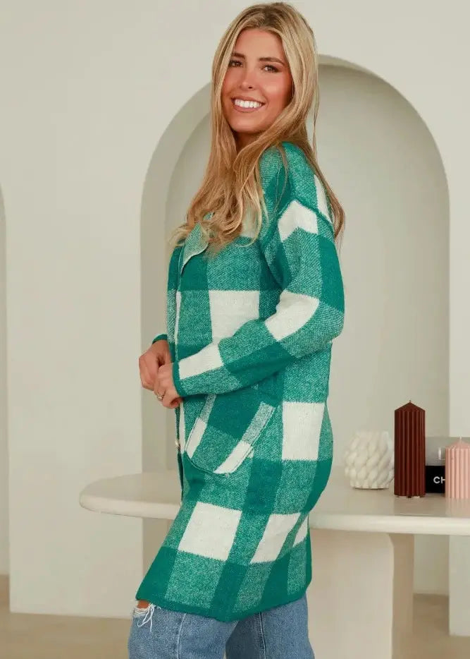 Green Checkered Coat - Elegant Women's Fashion: Dresses, Tops, Knits, Hats, Handbags & More - Rose Tide